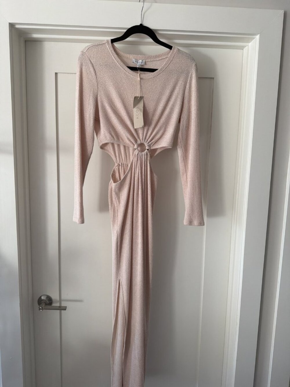 ACOA Cream Ribbed Knit Cutout Maxi Dress, Tortoise O-Ring, Long Sleeve, L, NWT